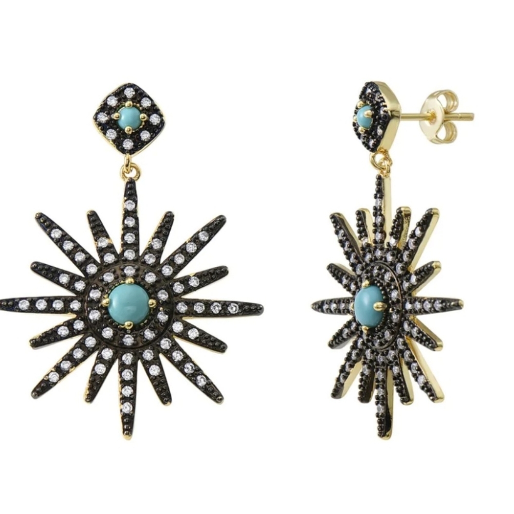14 Karat Gold Cabochon Turquoise Swarovski  Sunburst Starburst Gunmetal Earings